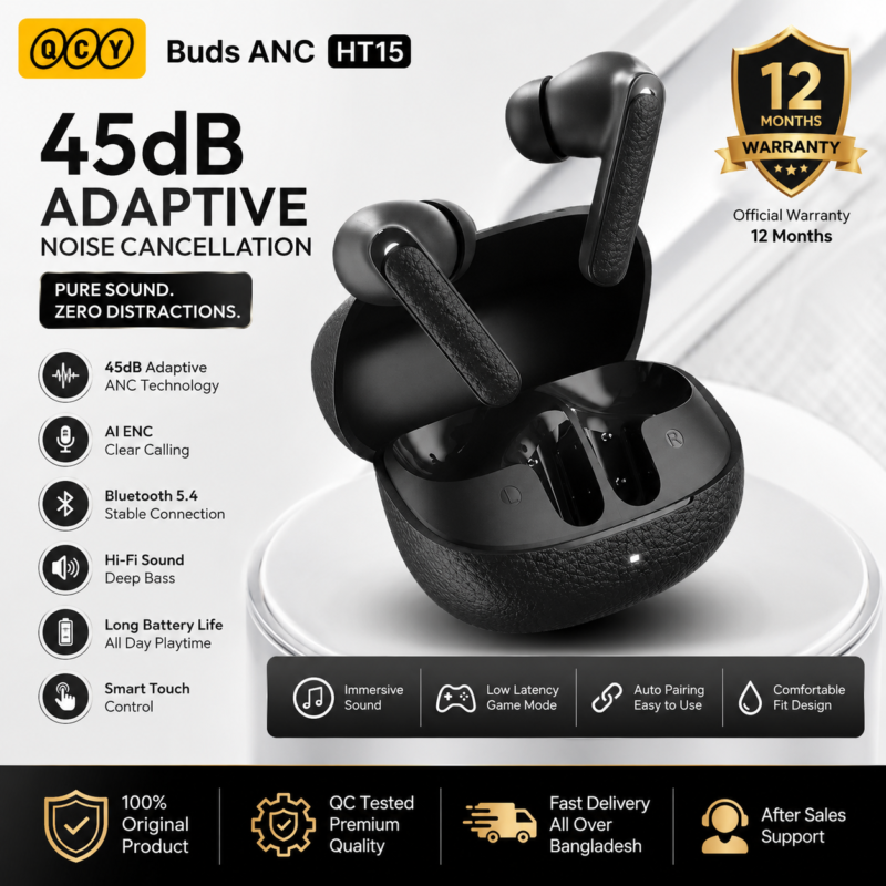 QCY Buds ANC HT15 Price in Bangladesh Original QCY Buds ANC HT15 QCY HT15 Wireless Earbuds QCY HT15 45dB ANC Earbuds Buy QCY Buds ANC HT15 Bangladesh Original QCY Bluetooth Earbuds QCY HT15 Original TWS MS Phone Lab QCY Buds ANC HT15