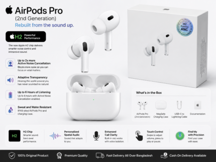 Apple AirPods Pro 2nd Generation Price in Bangladesh Original Apple AirPods Pro 2 Apple AirPods Pro ANC Apple AirPods Pro H2 Chip Buy Apple AirPods Pro Bangladesh Apple AirPods Pro MagSafe Charging Case Apple Premium Wireless Earbuds MS Phone Lab Apple AirPods Pro 2