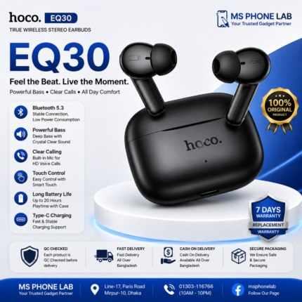 HOCO EQ30 Price in Bangladesh Original HOCO EQ30 True Wireless Earbuds HOCO EQ30 Bluetooth Earbuds HOCO EQ30 TWS Earbuds Buy HOCO EQ30 Bangladesh HOCO EQ30 Wireless Earphones Original HOCO EQ30 Earbuds MS Phone Lab HOCO EQ30