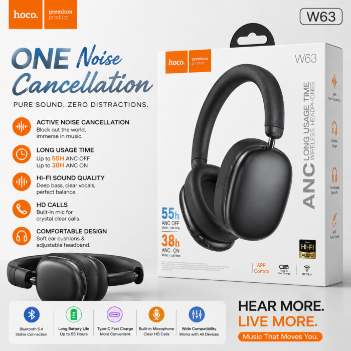 Hoco W63 Triunfo ANC Headphone Price in Bangladesh Hoco W63 ANC Bluetooth Headphone Hoco W63 Triunfo ANC 55 Hours Hoco W63 500mAh Bluetooth Headphone Hoco W63 Bluetooth 5.4 Headphone Hoco W63 40mm Driver Headphone Hoco W63 Active Noise Cancellation Headphone Hoco W63 Type-C Headphone Hoco W63 Wireless Headphone Bangladesh Buy Hoco W63 Triunfo ANC Headphone MS Phone Lab Hoco W63 Headphone