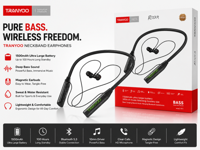 TRANYOO T-M31 Bluetooth Neckband Price in Bangladesh TRANYOO T-M31 300 Hours Bluetooth Neckband TRANYOO T-M31 Wireless Neckband Bangladesh TRANYOO T-M31 1500mAh Battery Neckband TRANYOO T-M31 Bluetooth 5.4 Neckband TRANYOO T-M31 TF Card Neckband TRANYOO T-M31 LCD Display Neckband TRANYOO T-M31 13mm Titanium Driver Buy TRANYOO T-M31 Neckband Bangladesh MS Phone Lab TRANYOO T-M31