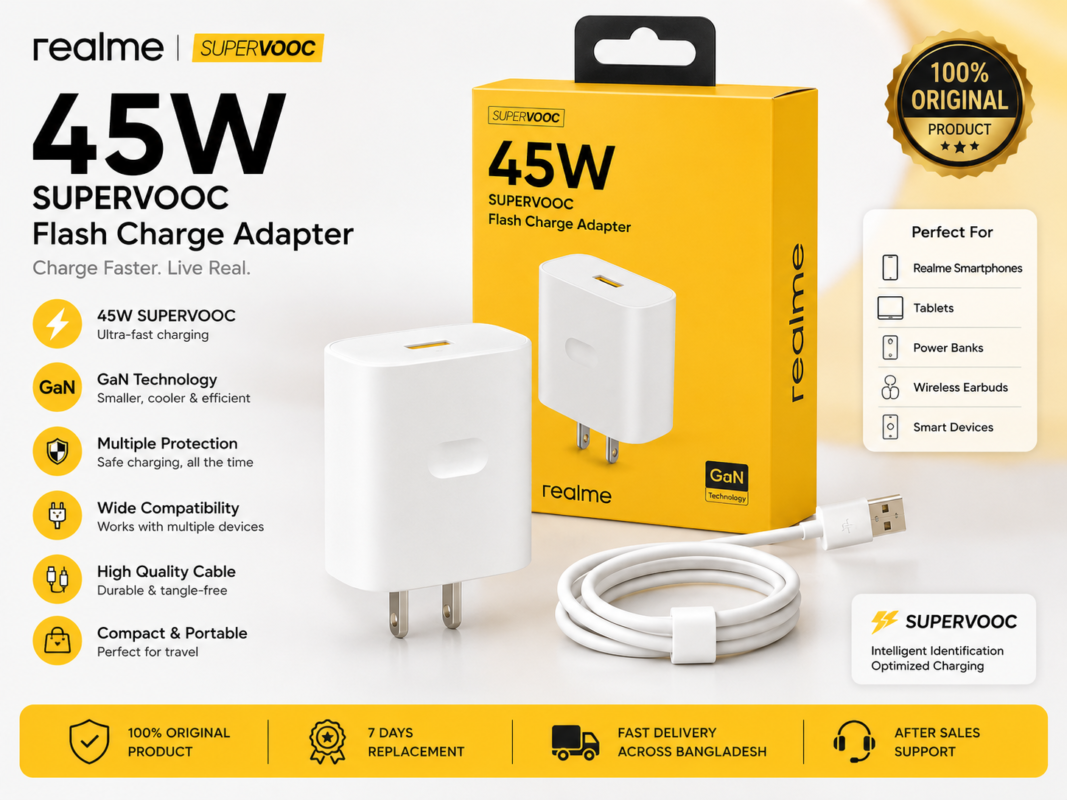 Original Realme 45W SuperVOOC Power Adapter Price in Bangladesh Realme 45W SuperVOOC Charger Realme Original Fast Charger 45W SuperVOOC Adapter Buy Realme 45W Charger Bangladesh Realme Fast Charging Adapter Realme Power Adapter MS Phone Lab Realme 45W SuperVOOC Charger