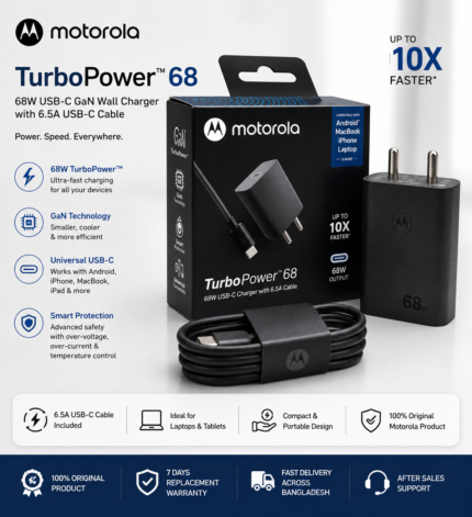 Motorola TurboPower 68W USB-C GaN Charger Price in Bangladesh Original Motorola 68W Fast Charger Motorola TurboPower Charger with 6.5A Cable Motorola GaN USB-C Charger Buy Motorola 68W Charger Bangladesh Motorola PD 68W Charger Motorola USB-C Fast Charger MS Phone Lab Motorola TurboPower Charger