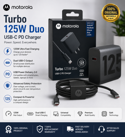 Motorola Turbo 125 Duo Charger 125W Price in Bangladesh Original Motorola Turbo 125W Charger Motorola Dual USB-C Charger Motorola PD Fast Charger Buy Motorola 125W Charger Bangladesh Motorola Turbo Charger Motorola USB-C Fast Charger MS Phone Lab Motorola Turbo 125 Duo Charger