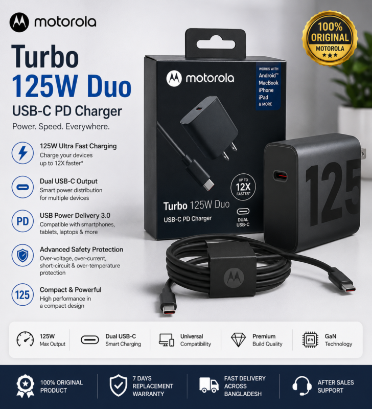 Motorola Turbo 125 Duo Charger 125W Price in Bangladesh Original Motorola Turbo 125W Charger Motorola Dual USB-C Charger Motorola PD Fast Charger Buy Motorola 125W Charger Bangladesh Motorola Turbo Charger Motorola USB-C Fast Charger MS Phone Lab Motorola Turbo 125 Duo Charger