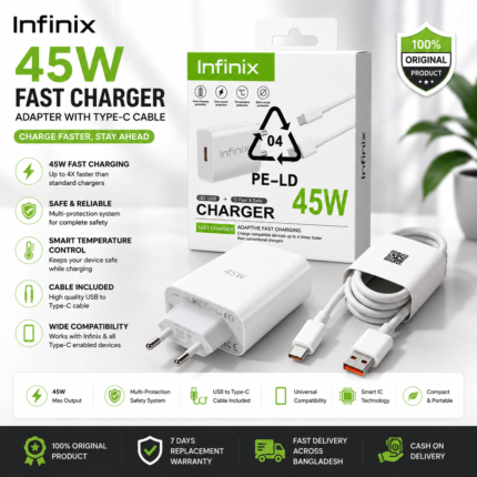 Infinix 45W Fast Charger Original Infinix Charger Infinix 45W Adapter Infinix Fast Charger Bangladesh Infinix Type-C Charger 45W Mobile Charger USB-C Fast Charger Android Fast Charger Infinix Charger Price in Bangladesh Mobile Charger Bangladesh