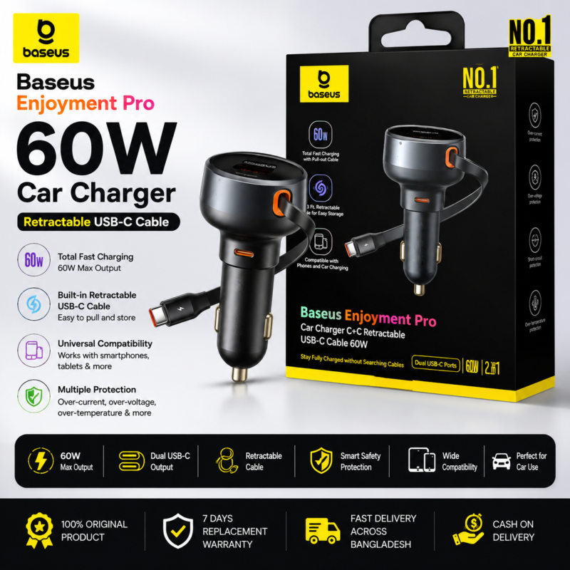 Baseus Enjoyment Pro 60W Retractable USB-C Car Charger Price in Bangladesh