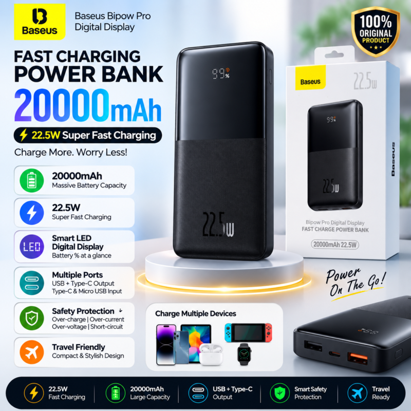 Baseus Bipow Pro 22.5W Power Bank Baseus 20000mAh Power Bank Baseus Digital Display Power Bank Baseus Bipow Pro Fast Charging Power Bank Baseus 22.5W Power Bank Bangladesh Buy Baseus Bipow Pro Baseus Portable Charger Baseus Power Bank 20000mAh
