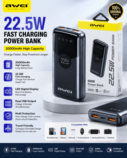 Original Awei PA-50 20000mAh Power Bank Price in Bangladesh Awei PA-50 22.5W Fast Charging Power Bank Awei PA-50 Digital Display Power Bank Awei 20000mAh Power Bank Buy Awei PA-50 Power Bank Bangladesh Original Awei Power Bank Awei PA-50 Fast Charging Power Bank MS Phone Lab Awei PA-50 Power Bank