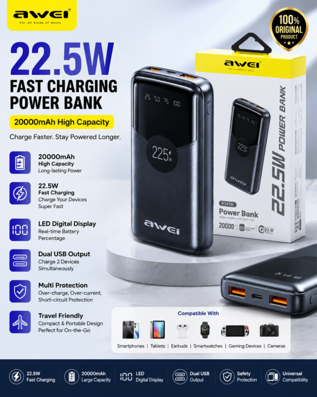 Original Awei PA-50 20000mAh Power Bank Price in Bangladesh Awei PA-50 22.5W Fast Charging Power Bank Awei PA-50 Digital Display Power Bank Awei 20000mAh Power Bank Buy Awei PA-50 Power Bank Bangladesh Original Awei Power Bank Awei PA-50 Fast Charging Power Bank MS Phone Lab Awei PA-50 Power Bank