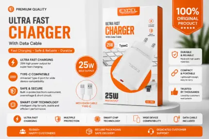 Excel E115 25W Type-C Fast Charger Price in Bangladesh Excel E115 Fast Charger Excel E115 25W USB-C Charger Excel E115 Type-C Charging Adapter Excel 25W Fast Charging Adapter Buy Excel E115 Charger Bangladesh Excel E115 USB Type-C Charger MS Phone Lab Excel E115 Charger