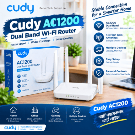 Cudy WR1200 Router Price in Bangladesh - Front View Cudy WR1200 AC1200 Router Ports and Connectivity Cudy WR1200 Router Box Package Contents Cudy Router Setup Interface on Mobile App