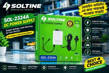 Soltine SOL-2324A DC Power Supply Price in Bangladesh - Front View Soltine SOL-2324A Power Supply Ports and Cables Soltine SOL-2324A Box Package Contents Soltine Power Supply Setup for Mobile Repair