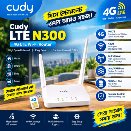 Cudy LTE N300 Router Price in Bangladesh - Front View Cudy N300 4G Router Ports and SIM Slot Cudy LTE N300 Router Box Package Contents Cudy Router Setup Interface on Mobile App