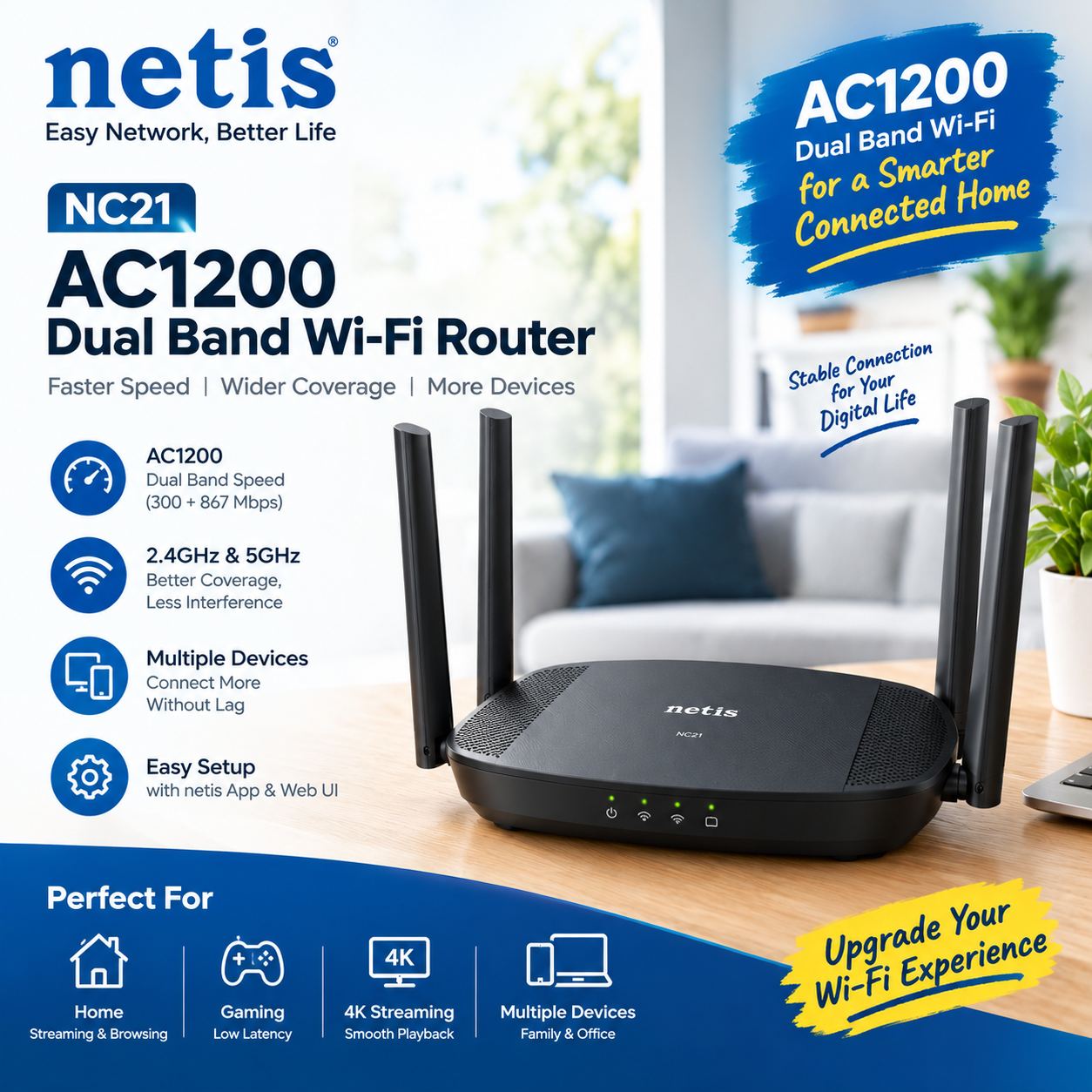Netis NC21 AC1200 Dual Band Wi-Fi Router Front View Netis NC21 AC1200 Dual Band Wi-Fi Router Front View